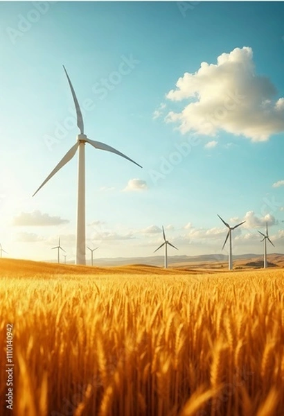Fototapeta A tall white wind turbine in a field of golden wheat, with other wind turbines visible in the background against a clear blue sky