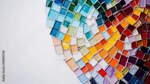 Fototapeta A mesmerizing visual of a diverse array of colorful mosaic tiles forming a radiant, intricate design on a clean white surface
