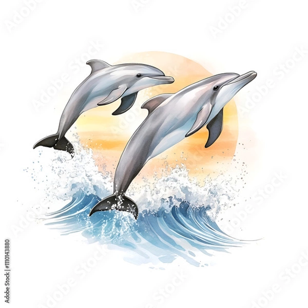Fototapeta Two dolphins jumping out of the water with a sunset background in a watercolor style