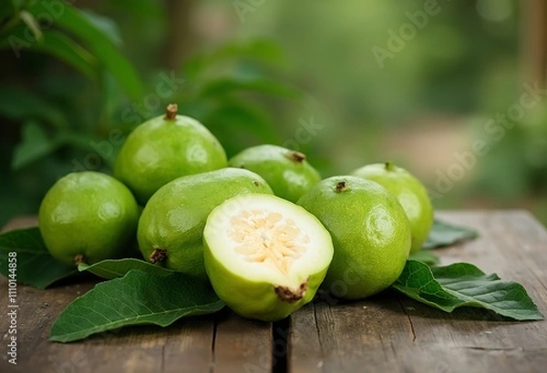Fototapeta Green guava fruits with leaves, one of them cut in half to show the flesh inside