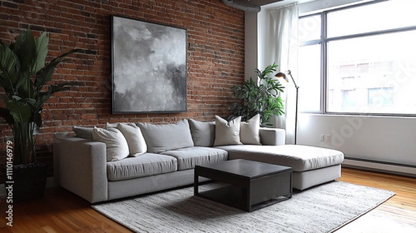 Fototapeta レンガの壁とスタイリッシュなリビングルームのデザイン