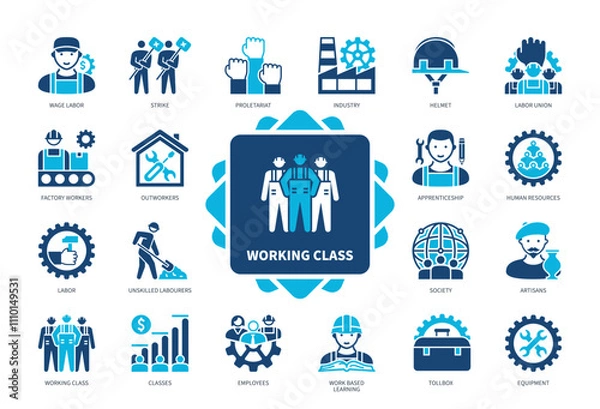 Obraz Working Class icon set. Proletariat, Wage Labor, Artisan, Industry, Outworkers, Employees, Strike, Classes. Duotone color solid icons