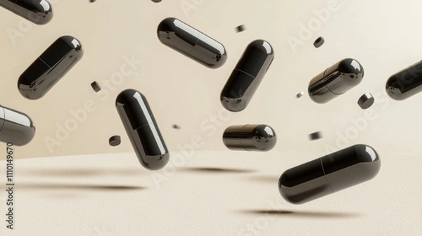 Fototapeta Floating black capsules in minimalist beige background - conceptual medicine and health