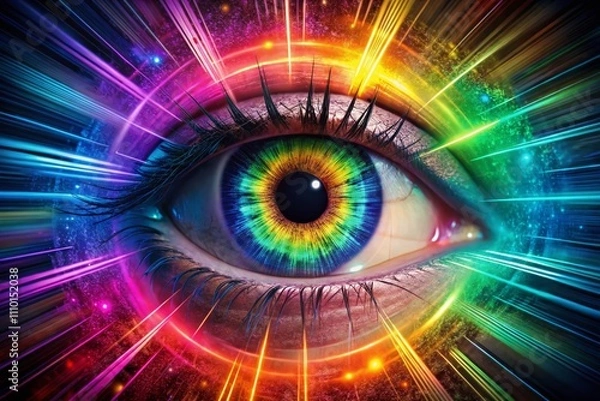 Fototapeta Abstract Human Eye Iris Explosion with Colorful Optical Lines in a Futuristic Technology Concept - 3D Illustration of a Vibrant and Dynamic Eye Design