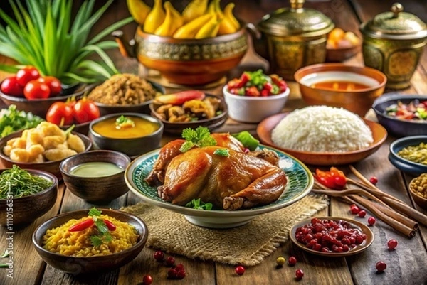 Fototapeta A Colorful Table Spread with Traditional Dishes: Roasted Chicken, Rice, and Stews in an Inviting Setting, Captured with Tilt-Shift Photography for a Unique Perspective