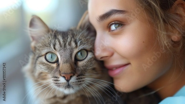 Obraz A young woman smiling closely with her cat, highlighting their bond and affection.