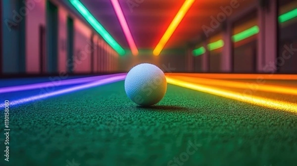 Fototapeta A single white ball on a vibrant, illuminated mini-golf course with colorful lights.