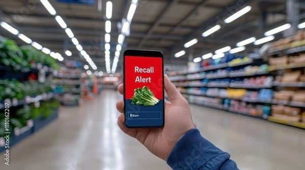 Obraz A person holds a smartphone displaying a "Recall Alert" while shopping in a grocery store aisle, emphasizing food safety and consumer awareness.