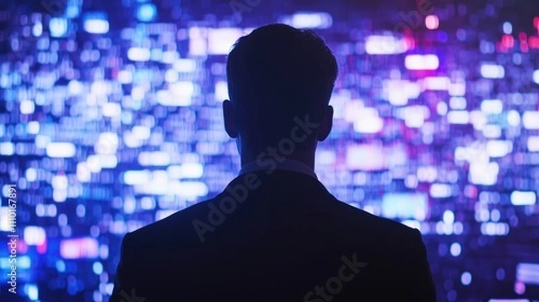 Fototapeta Businessman Analyzing Cyber Crime Data on Futuristic Virtual Screen with Colorful Digital Interface Background