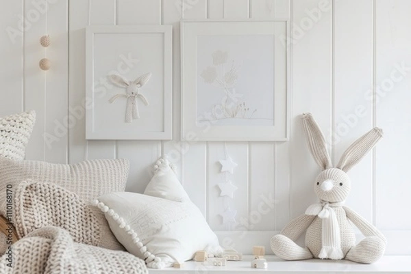 Fototapeta Minimalistic cozy interior of children's room in light shades with two framed poster paintings on the wall. Objects for design, mockup images in frame. Children's toys in interior