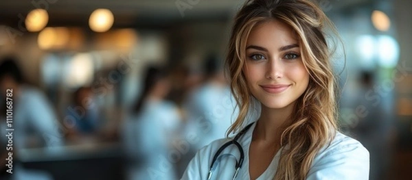Fototapeta Confident female physician smiling in a medical environment with colleagues in the background showcasing professionalism and teamwork