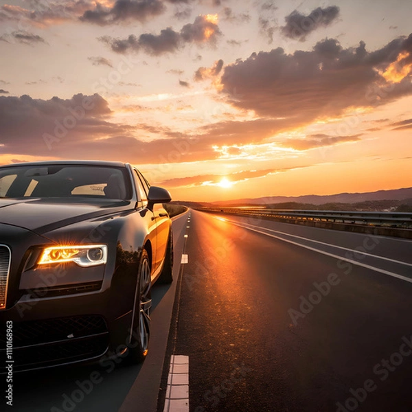 Fototapeta luxurious car parked on the highway with an illumi