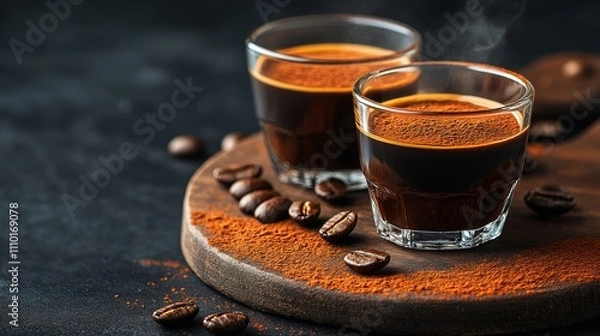 Fototapeta Melange coffee offers a rich, aromatic experience, highlighted by the deep brown hues of freshly brewed espresso and garnished with a sprinkle of cocoa powder, perfect for indulgence.