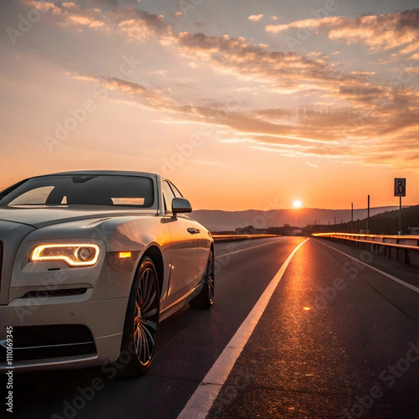 Fototapeta luxurious car parked on the highway with an illumi