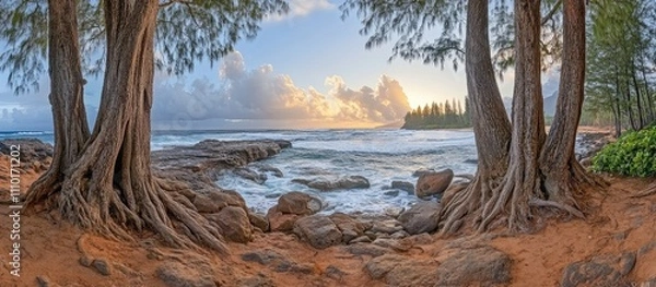 Fototapeta Serene coastal scene at sunrise with ocean waves and lush trees in a national park setting.