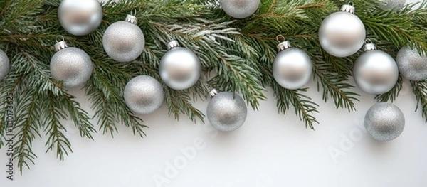 Fototapeta Elegant Christmas table decor featuring silver ornaments and fresh fir branches on a bright white background for festive celebrations.