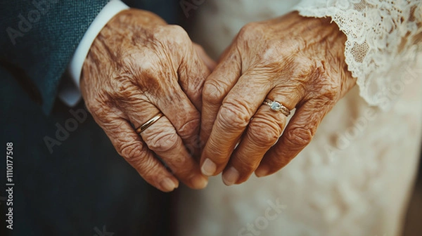 Fototapeta Close-up of two elderly hands clasped together with wearing wedding rings. Suggesting a gesture of affection and support.