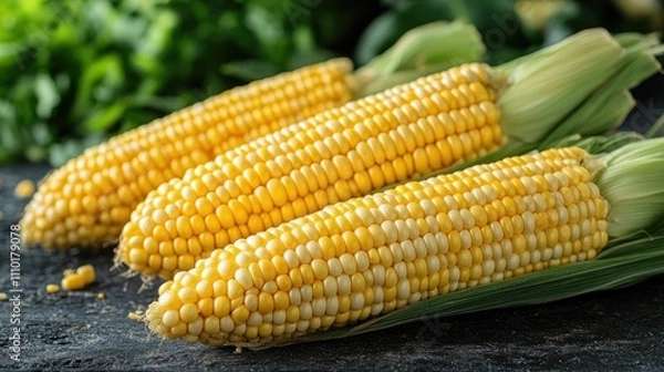 Fototapeta Freshly harvested corn cobs showcasing vibrant yellow kernels set against natural green elements in a rustic farm environment.