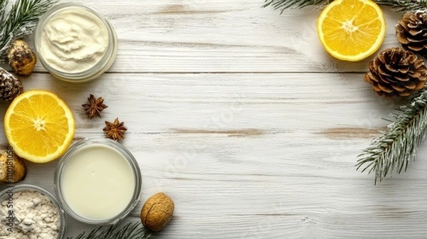 Fototapeta Natural Dead Sea cosmetics arranged on a white wooden table with oranges and pine cones creating an inviting spa atmosphere