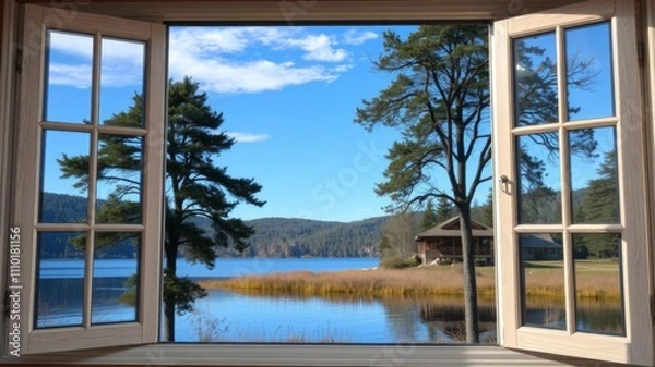 Obraz Modern mirror reflective window on nature surrounded luxury cottage by the lake, reeds, trees, and blue sky, blue sky, building