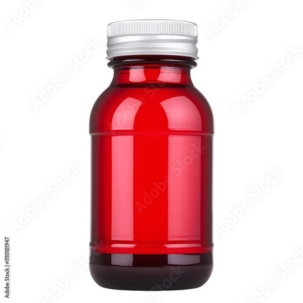 Fototapeta Red glass bottle with a silver cap, isolated on white background, featuring a smooth finish and clear design for beverages.