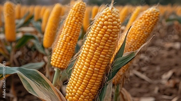 Fototapeta Golden corn cobs in a lush field showcasing corn cultivation with a soft blurred background highlighting agricultural beauty