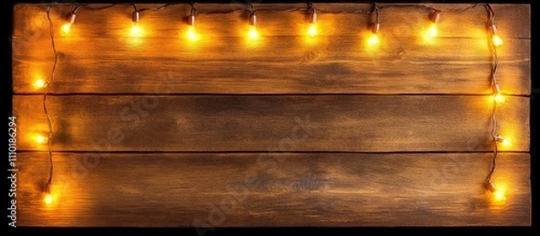 Fototapeta Rustic vintage wooden backdrop with warm lights perfect for Christmas themed designs and customizable text space