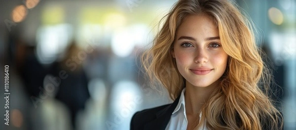 Fototapeta Professional young businesswoman with a confident smile in a business setting showcasing elegance and style in her attire.