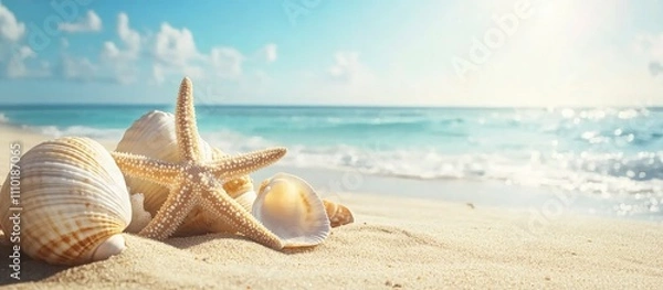 Fototapeta Starfish and seashells on a sandy beach with ocean waves under a clear blue sky for a serene vacation atmosphere