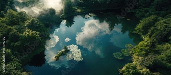 Fototapeta Aerial view of serene waters reflecting clouds surrounded by lush green forest creating a peaceful natural retreat captured by a drone