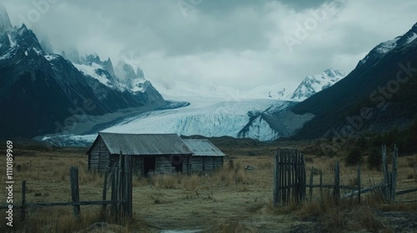 Fototapeta Farm structures with backdrop of a majestic glacier under a dramatic sky in a remote mountainous landscape.