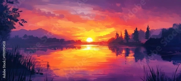 Fototapeta Fiery Sunset Over Serene Lake and Mountains