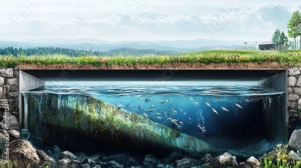 Obraz A illustration of An animated cross-section of a water aqueduct delivering clean water to urban and rural areas 