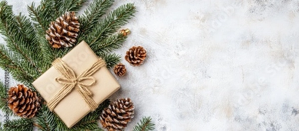 Fototapeta Stylish Gift Box Decorated with Pinecones and Greenery on a White Table in Festive Flat Lay Arrangement