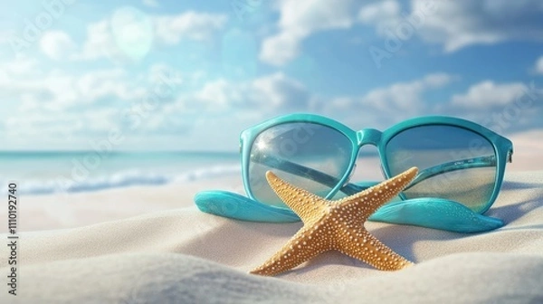 Fototapeta Beautiful colorful background for summer beach holiday. Sunglasses, starfish, turquoise flip-flops on sandy tropical beach against blue sky with clouds on bright sunny day.