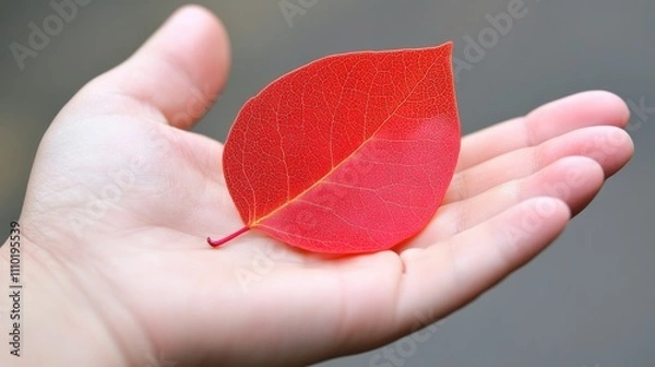Obraz Autumn leaves held gently in a hand showcasing vibrant red hues against a blurred background highlighting seasonal change.