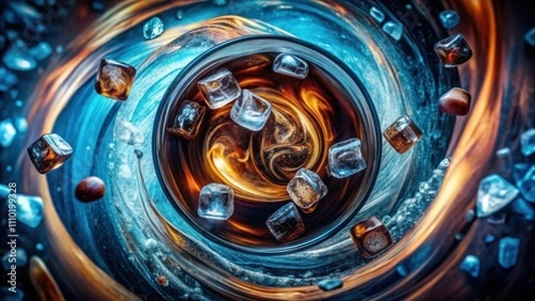 Fototapeta A glass of coffee with ice cubes floating in a swirling vortex of liquid and light