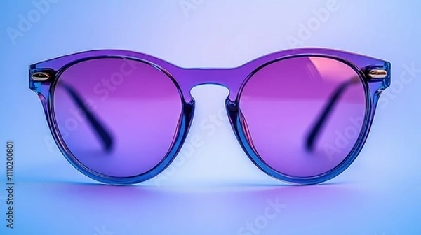 Fototapeta Purple stylish eyewear with gradient lenses displayed on a minimalistic blue background for fashion and accessories promotion