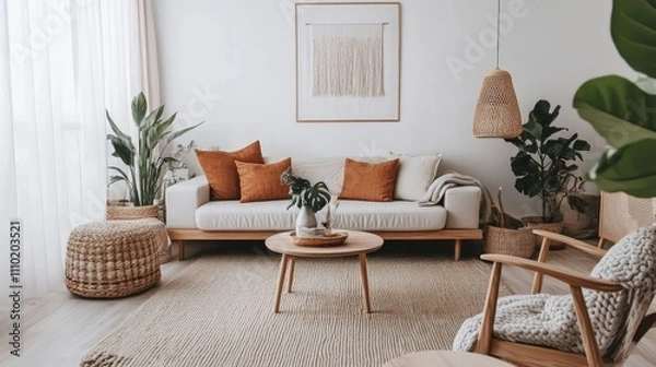 Fototapeta Nordic-style living room with clean white walls, light gray accents, and minimalist wooden furnishings for a warm, inviting design