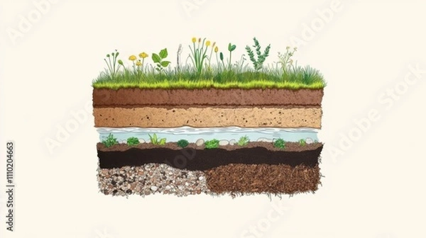 Obraz A step-by-step illustration of the composting process, with labeled layers of organic materials, water, and soil 