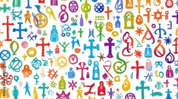 Fototapeta A vivid representation of interfaith unity with an abstract design of various religious symbols forming a single, harmonious pattern, symbolizing spiritual inclusivity