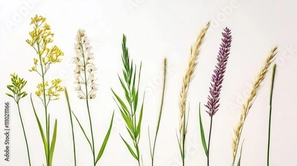 Fototapeta Isolated stems of meadow grass featuring yellow, white, and purple flowers against a plain background, showcasing diverse plant textures and colors, nature, botany, floral arrangement.