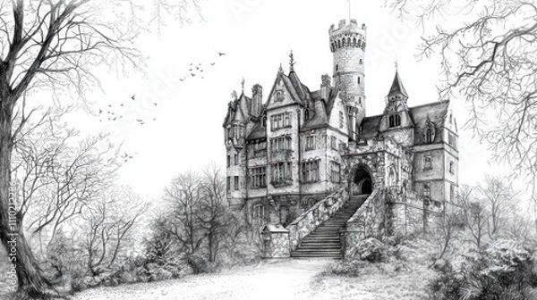 Fototapeta A castle with a large tower and a stone staircase leading up to it