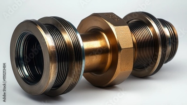 Fototapeta Wafer check valve or non-return valve in a detailed close-up against a white background, showcasing metallic textures and intricate threading, industrial component, plumbing, engineering.