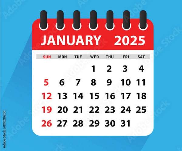 Fototapeta January 2025 Calendar Leaf. Calendar 2025 in flat style. January 2025 Calendar. Week starts on Sunday. Blank Calendar Template. Stationery Design. Vector Illustration