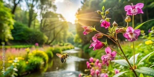 Fototapeta Beautiful Himalayan Balsam Plant with Bee by a Tranquil Stream in England, Showcasing Nature's Harmony and Biodiversity in a Serene Landscape