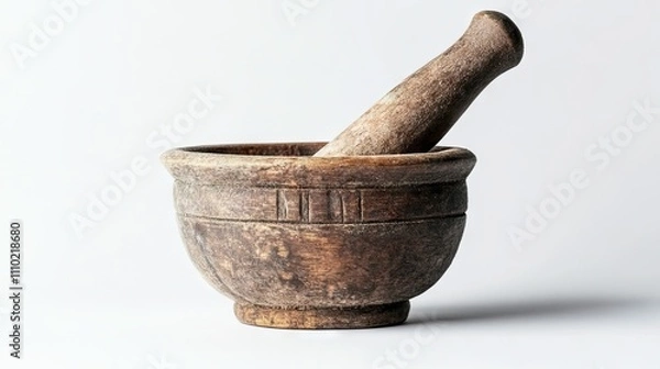 Fototapeta Wooden mortar and pestle on a white background, highlighting the texture and craftsmanship of the timber, kitchenware, culinary tools, rustic decor, minimalist design.