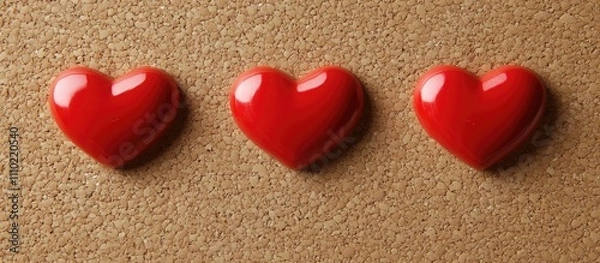 Fototapeta Three shiny red heart notes arranged on a textured cork board creating an inviting and charming visual display for romantic themes