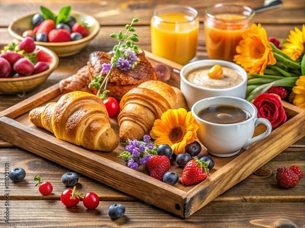 Fototapeta Candid Photography of a Continental Breakfast Spread on a Wooden Tray Featuring Coffee, Croissants, Jam, Butter, Fresh Fruits, and Beautiful Flowers for a Cozy Morning Atmosphere