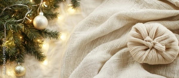 Fototapeta Sustainable gift wrapping with fabric and natural materials for a waste free Christmas minimalism and eco friendly holiday decor